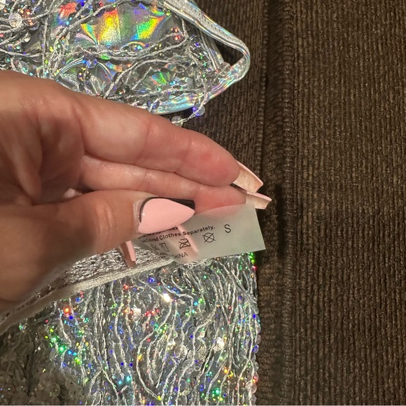 Silver fringe bathing suit with cover up skirt. Size Small. 3 pieces. Brand new! - Picture 3 of 5